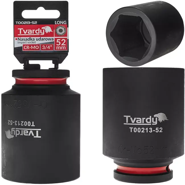 Tvardy Lange slagdop zeskant 52 mm – chroom-molybdeenstaal – aandrijving 19 mm – zwart – voor slagsleutel, diepgelegen moeren en industrieel gebruik