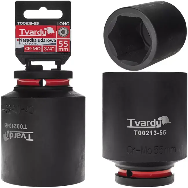 Tvardy Slagdop lang zeskant 55 mm - chroom-molybdeen staal - 19 mm vierkantaandrijving - zwart - voor slagmoersleutel en moeilijk bereikbare moeren