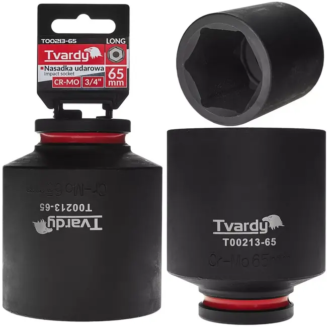 Tvardy slagdop extra lang zeskant 65 mm - chroom-molybdeenstaal - aandrijfvierkant 19 mm - zwart - diepe dop voor slagmoersleutel, auto en industrie