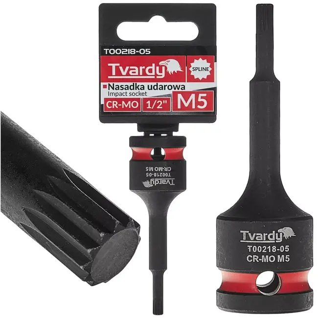 Tvardy slagdop splineprofiel M5 - chroom-molybdeenstaal - 12,7 mm aandrijfvierkant - zwart - voor slagmoersleutel en autowerkplaats