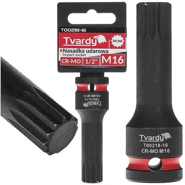 Tvardy slagdop met splineprofiel M16 - chroom-molybdeen staal - aandrijving 12,7 mm - zwart - slagvast - voor slagmoersleutel, autowerkplaats en staalconstructies