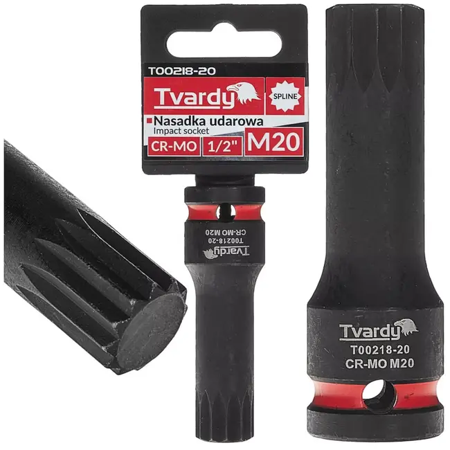 Tvardy slagdop splineprofiel M20 - chroom-molybdeenstaal - vierkantopname 12,7 mm - zwart - voor slagmoersleutel, auto en industrie