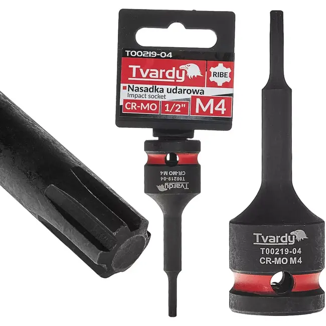 Tvardy Slagdop ribe M4 - chroom-molybdeenstaal - voor slagsleutels - aandrijfvierkant 12,7 mm - zwart - voor auto- en industriewerk