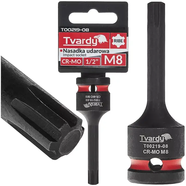 Tvardy slagdop ribe M8 - chroom-molybdeen staal - impactbestendig - aandrijving 12,7 mm - zwart - voor slagmoersleutel, autowerkplaats en machinebouw