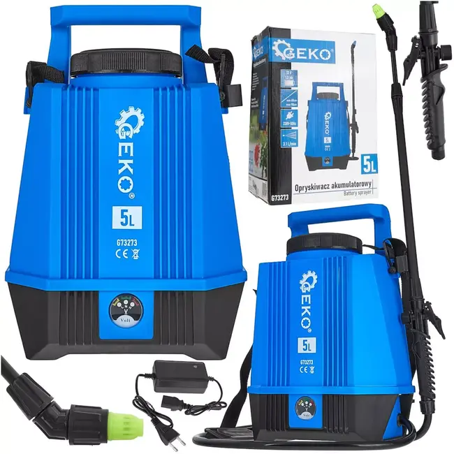 GEKO accu drukspuit 5 liter - kunststof - telescopische lans 60-90 cm - regelbare druk - blauw/zwart - voor tuin, kas en desinfectie