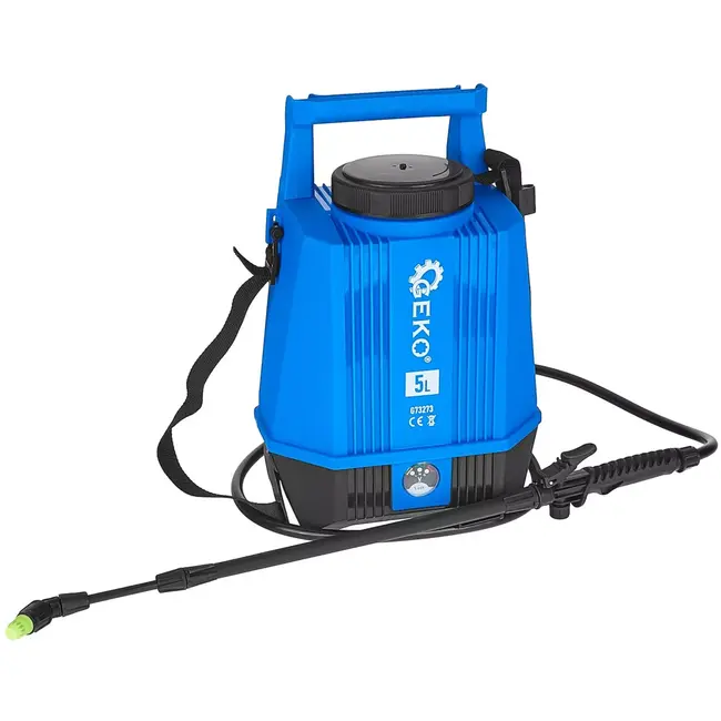 GEKO accu drukspuit 5 liter - kunststof - telescopische lans 60-90 cm - regelbare druk - blauw/zwart - voor tuin, kas en desinfectie