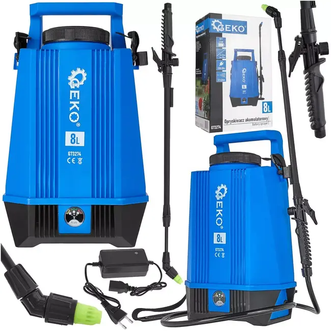 GEKO Drukspuit op accu - kunststof - regelbare druk en telescooplans 60-90 cm - 8 liter - blauw/zwart - voor tuin, kas, reiniging en gewasbescherming