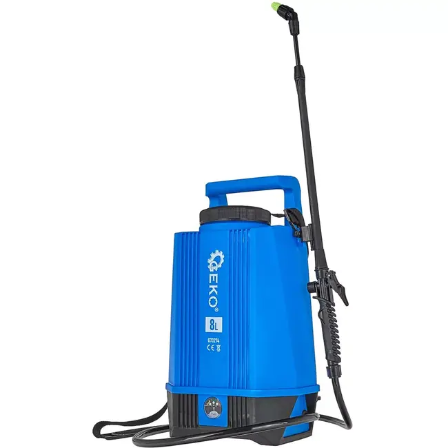 GEKO Drukspuit op accu - kunststof - regelbare druk en telescooplans 60-90 cm - 8 liter - blauw/zwart - voor tuin, kas, reiniging en gewasbescherming