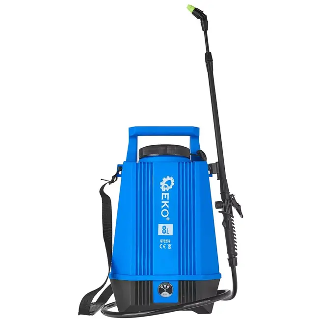 GEKO Drukspuit op accu - kunststof - regelbare druk en telescooplans 60-90 cm - 8 liter - blauw/zwart - voor tuin, kas, reiniging en gewasbescherming