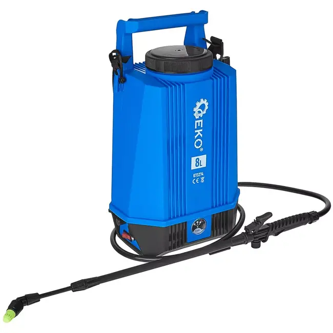 GEKO Drukspuit op accu - kunststof - regelbare druk en telescooplans 60-90 cm - 8 liter - blauw/zwart - voor tuin, kas, reiniging en gewasbescherming