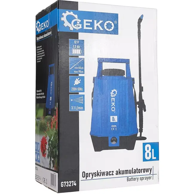 GEKO Drukspuit op accu - kunststof - regelbare druk en telescooplans 60-90 cm - 8 liter - blauw/zwart - voor tuin, kas, reiniging en gewasbescherming