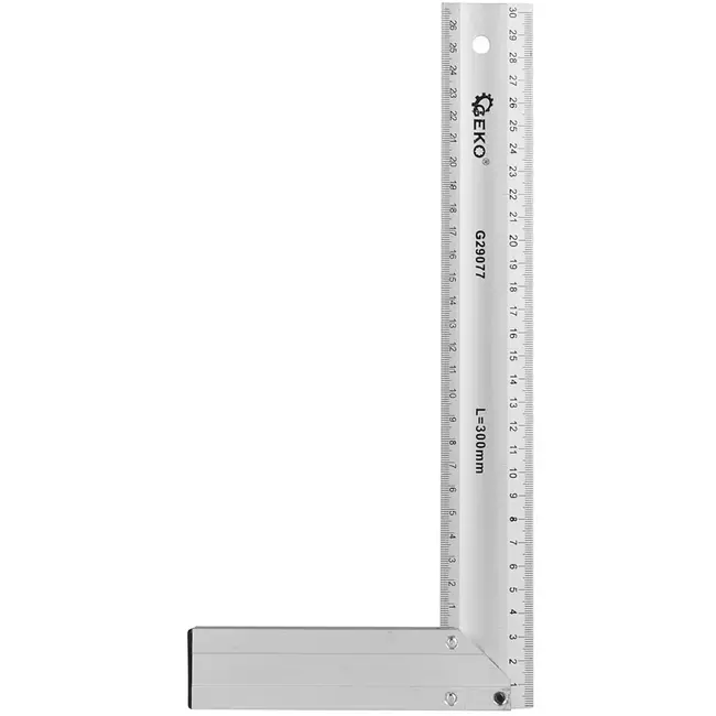 GEKO timmermanswinkelhaak - aluminium - gegraveerde metrische schaal - 30 cm lange zijde, 26 cm korte zijde - zilver - voor meten en aftekenen op bouw en werkplaats