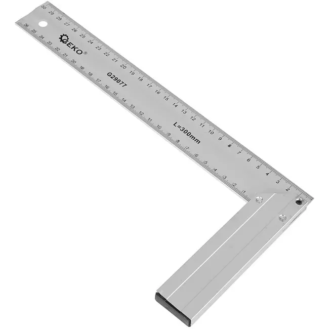 GEKO timmermanswinkelhaak - aluminium - gegraveerde metrische schaal - 30 cm lange zijde, 26 cm korte zijde - zilver - voor meten en aftekenen op bouw en werkplaats