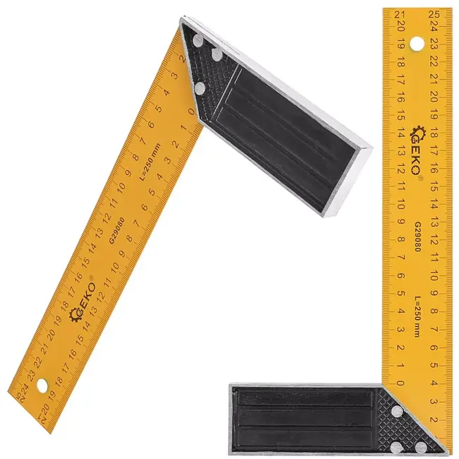 GEKO timmermanswinkelhaak 25 cm - staal en aluminium - metrische schaal voor haakse metingen en aftekenen - geel/zwart - voor hout, plaat en bouwklussen