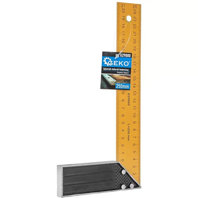 GEKO timmermanswinkelhaak 25 cm - staal en aluminium - metrische schaal voor haakse metingen en aftekenen - geel/zwart - voor hout, plaat en bouwklussen