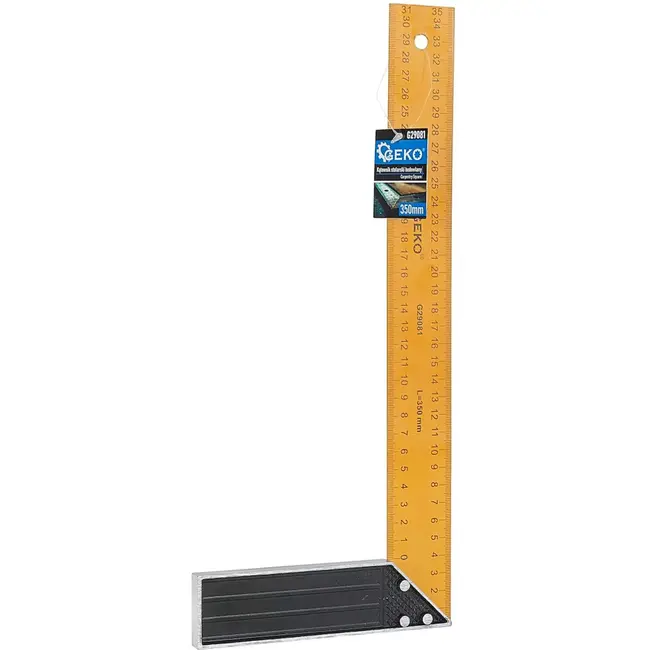 GEKO Timmermanswinkelhaak - staal en aluminium - met metrische schaal, haaks meten en aftekenen - 35 cm (350 mm) - geel/zwart - voor houtbewerking en bouw