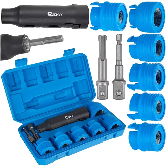 GEKO reinigingsborstelset voor wielbouten en wielpennen van auto's - metaal - 12/13/14/16/22/28 mm - zwart - 9-delig - adapters voor boormachine en sds-plus