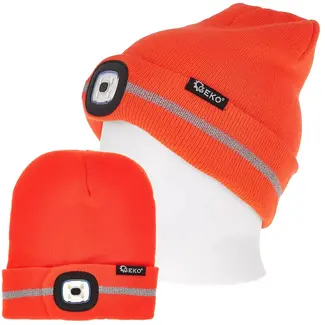 GEKO gebreide wintermuts - acryl - met oplaadbare ledlamp 150 lumen via usb en reflecterende band - universele maat - oranje - voor hardlopen, fietsen en buitenwerk