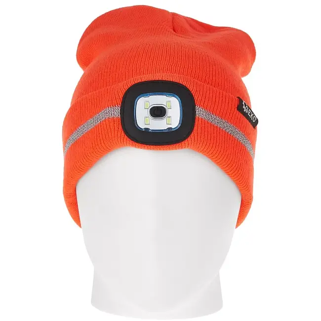 GEKO gebreide wintermuts - acryl - met oplaadbare ledlamp 150 lumen via usb en reflecterende band - universele maat - oranje - voor hardlopen, fietsen en buitenwerk