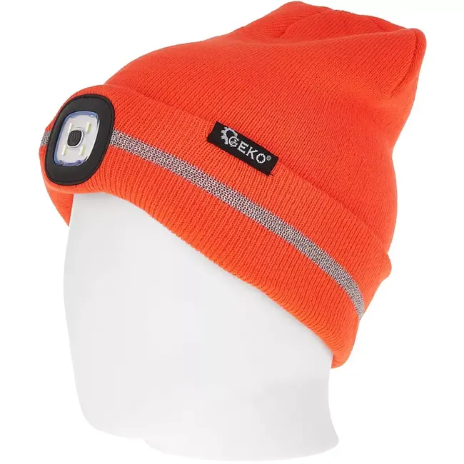 GEKO gebreide wintermuts - acryl - met oplaadbare ledlamp 150 lumen via usb en reflecterende band - universele maat - oranje - voor hardlopen, fietsen en buitenwerk