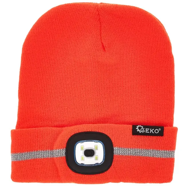 GEKO gebreide wintermuts - acryl - met oplaadbare ledlamp 150 lumen via usb en reflecterende band - universele maat - oranje - voor hardlopen, fietsen en buitenwerk