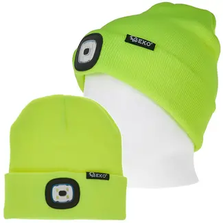 GEKO wintermuts - acryl - ingebouwde oplaadbare ledlamp 150 lumen, uitneembaar voor wassen - universele maat - neongeel - voor hardlopen, fietsen en wandelen