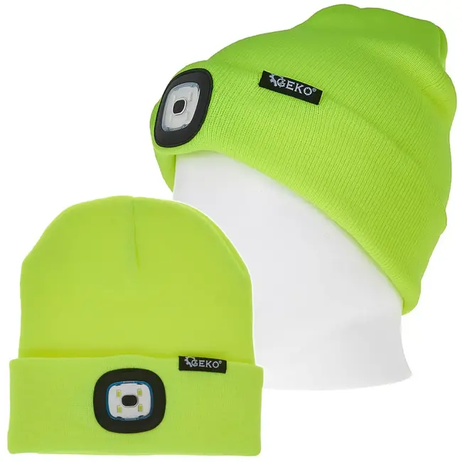 GEKO wintermuts - acryl - ingebouwde oplaadbare ledlamp 150 lumen, uitneembaar voor wassen - universele maat - neongeel - voor hardlopen, fietsen en wandelen