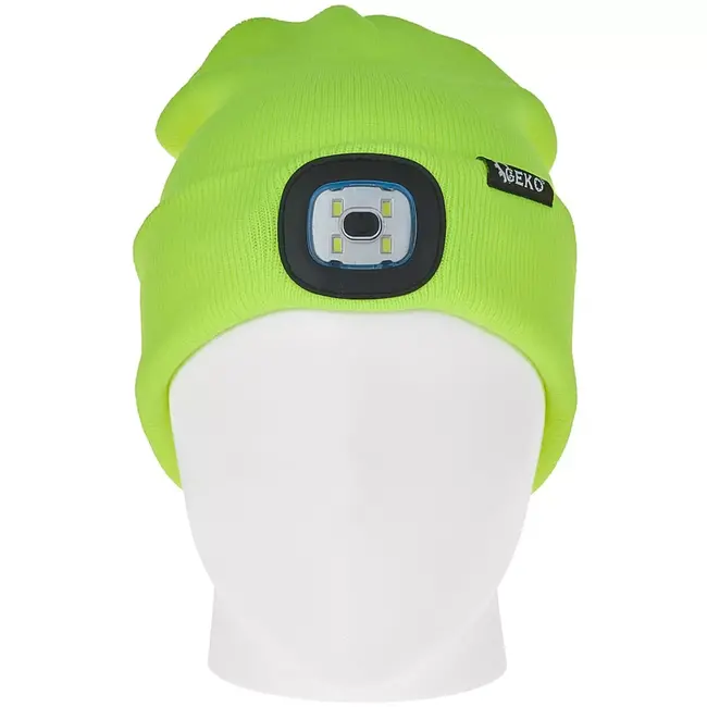 GEKO wintermuts - acryl - ingebouwde oplaadbare ledlamp 150 lumen, uitneembaar voor wassen - universele maat - neongeel - voor hardlopen, fietsen en wandelen