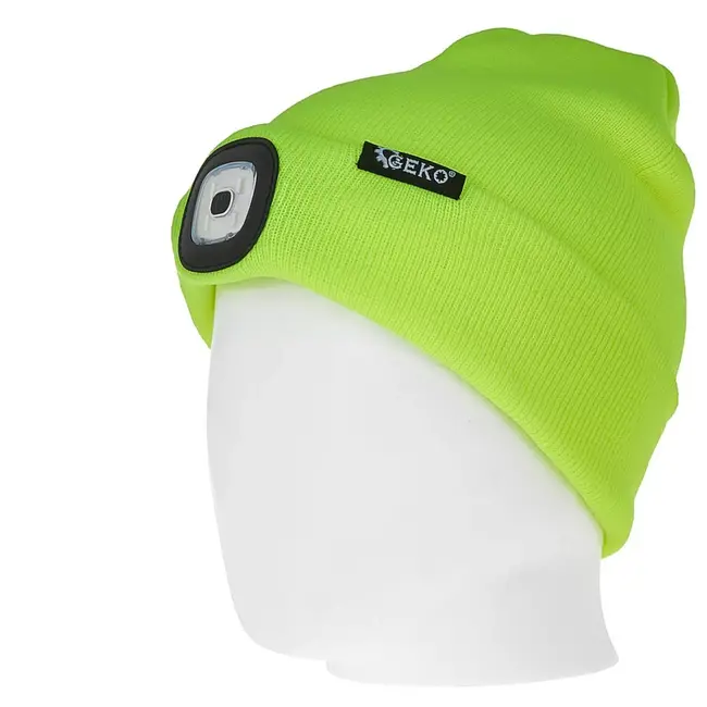 GEKO wintermuts - acryl - ingebouwde oplaadbare ledlamp 150 lumen, uitneembaar voor wassen - universele maat - neongeel - voor hardlopen, fietsen en wandelen
