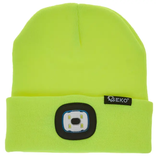 GEKO wintermuts - acryl - ingebouwde oplaadbare ledlamp 150 lumen, uitneembaar voor wassen - universele maat - neongeel - voor hardlopen, fietsen en wandelen