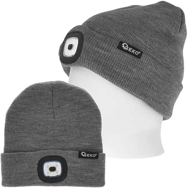 GEKO Gebreide wintermuts - acryl - met oplaadbare ledlamp 150 lumen, afneembare lamp - universele maat - neutrale kleur - voor wandelen, hardlopen en fietsen