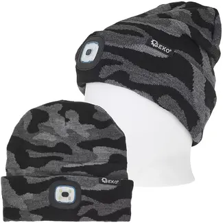 GEKO Wintermuts - acryl - oplaadbare ledlamp 150 lumen via usb - universele maat - camouflage - voor wandelen, hardlopen, fietsen en werk buiten in de winter
