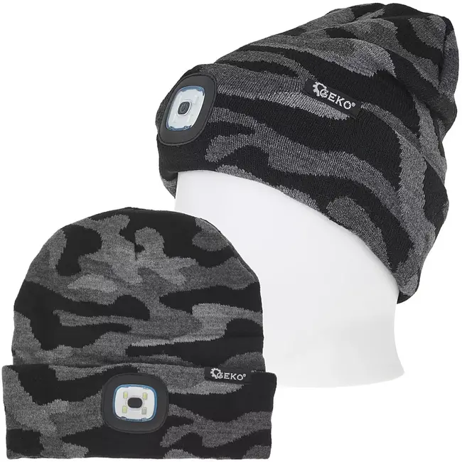 GEKO Wintermuts - acryl - oplaadbare ledlamp 150 lumen via usb - universele maat - camouflage - voor wandelen, hardlopen, fietsen en werk buiten in de winter