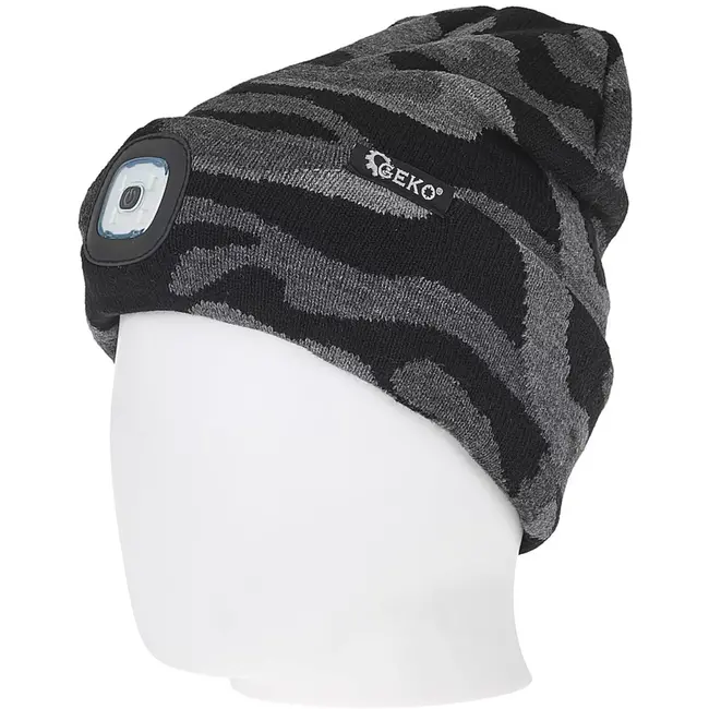 GEKO Wintermuts - acryl - oplaadbare ledlamp 150 lumen via usb - universele maat - camouflage - voor wandelen, hardlopen, fietsen en werk buiten in de winter