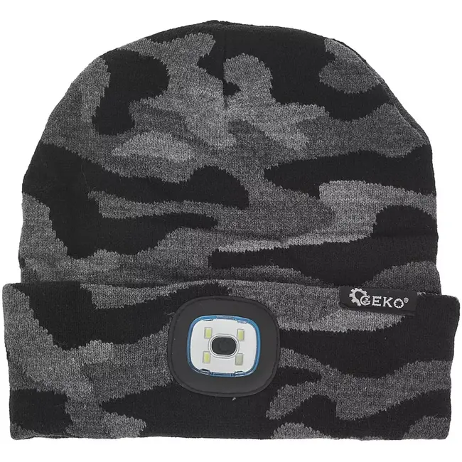 GEKO Wintermuts - acryl - oplaadbare ledlamp 150 lumen via usb - universele maat - camouflage - voor wandelen, hardlopen, fietsen en werk buiten in de winter