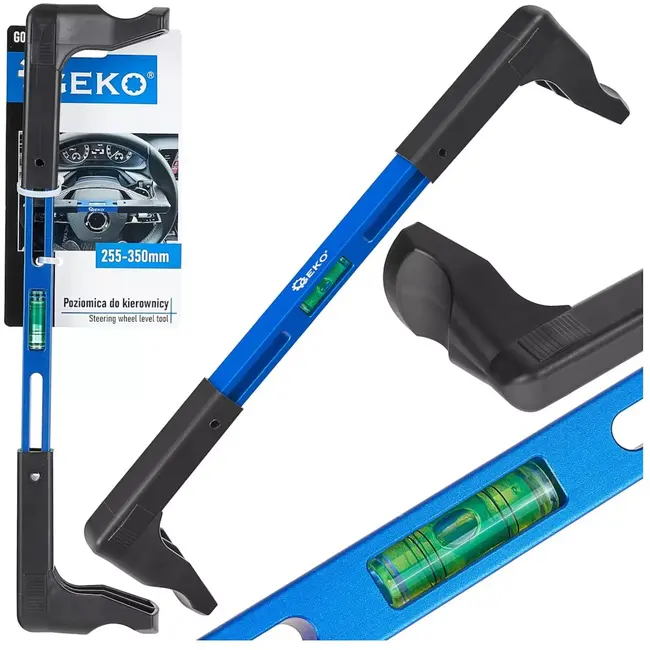 GEKO Stuurwiel uitlijnhulp - aluminium - met waterpas en verstelbare klem - 25,5–35 cm - blauw - voor nauwkeurig centreren bij wieluitlijning