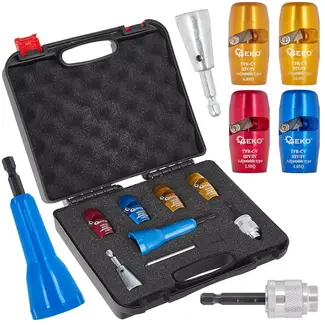 GEKO Kabelstrip- en verbindingsset - aluminium - isolatie verwijderen en aders torderen - 2,5/4/6/10 mm2 - rood/blauw/goud - 8-delig - voor boor- en schroefmachine