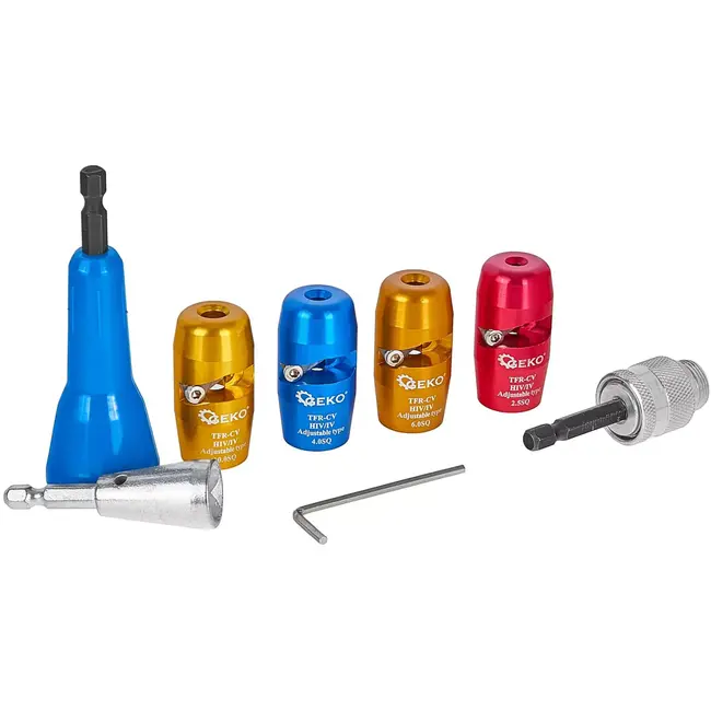 GEKO Kabelstrip- en verbindingsset - aluminium - isolatie verwijderen en aders torderen - 2,5/4/6/10 mm2 - rood/blauw/goud - 8-delig - voor boor- en schroefmachine