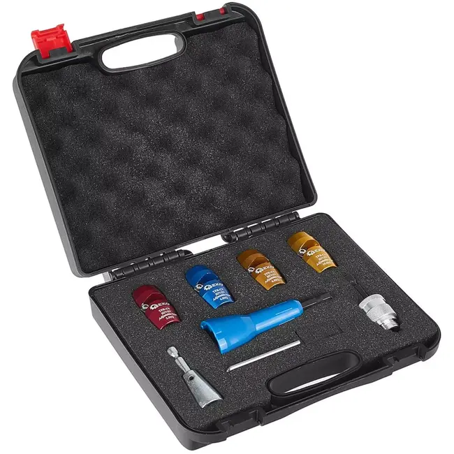 GEKO Kabelstrip- en verbindingsset - aluminium - isolatie verwijderen en aders torderen - 2,5/4/6/10 mm2 - rood/blauw/goud - 8-delig - voor boor- en schroefmachine