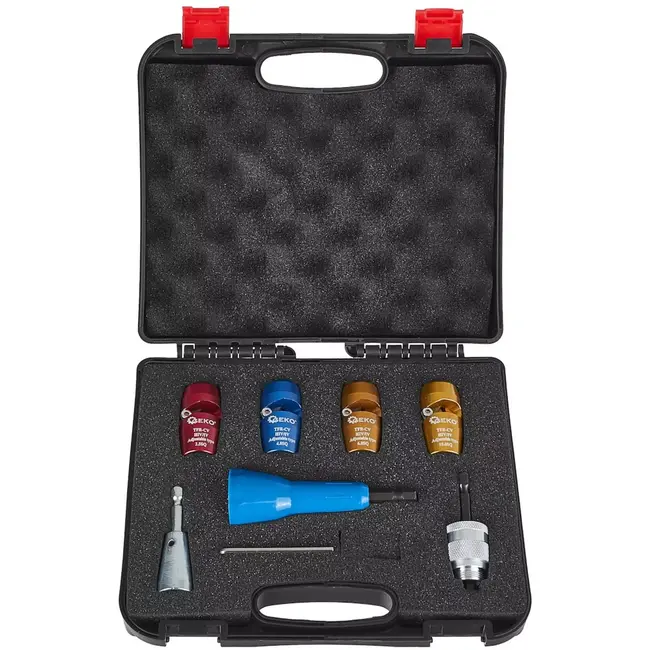 GEKO Kabelstrip- en verbindingsset - aluminium - isolatie verwijderen en aders torderen - 2,5/4/6/10 mm2 - rood/blauw/goud - 8-delig - voor boor- en schroefmachine