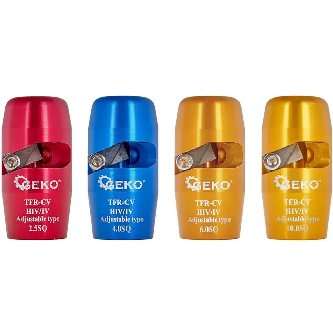 GEKO Kabelstrip- en verbindingsset - aluminium - isolatie verwijderen en aders torderen - 2,5/4/6/10 mm2 - rood/blauw/goud - 8-delig - voor boor- en schroefmachine