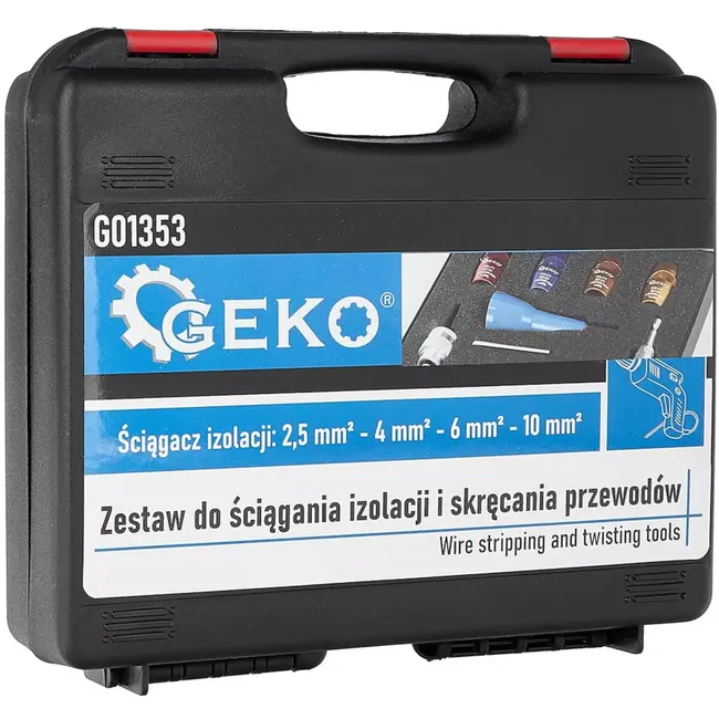 GEKO Kabelstrip- en verbindingsset - aluminium - isolatie verwijderen en aders torderen - 2,5/4/6/10 mm2 - rood/blauw/goud - 8-delig - voor boor- en schroefmachine