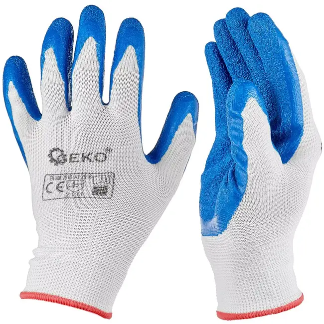 GEKO Werkhandschoenen polyester met latexcoating - maat 7 - wit-blauw - 12 stuks - sterke grip voor magazijn, bouw, montage en tuinwerk