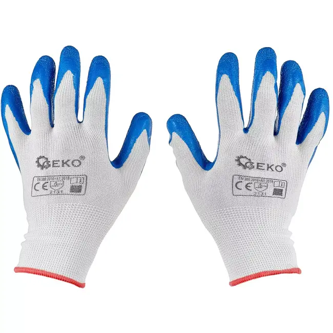 GEKO Werkhandschoenen polyester met latexcoating - maat 7 - wit-blauw - 12 stuks - sterke grip voor magazijn, bouw, montage en tuinwerk