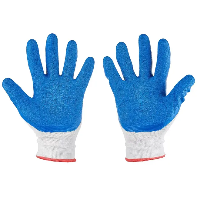 GEKO Werkhandschoenen polyester met latexcoating - maat 7 - wit-blauw - 12 stuks - sterke grip voor magazijn, bouw, montage en tuinwerk