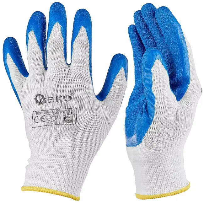 GEKO werkhandschoenen polyester met latexcoating - sterke grip en ademend - maat 8 - wit-blauw - 12 stuks - voor bouw, magazijn, montage en tuinwerk
