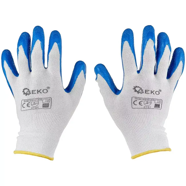 GEKO werkhandschoenen polyester met latexcoating - sterke grip en ademend - maat 8 - wit-blauw - 12 stuks - voor bouw, magazijn, montage en tuinwerk