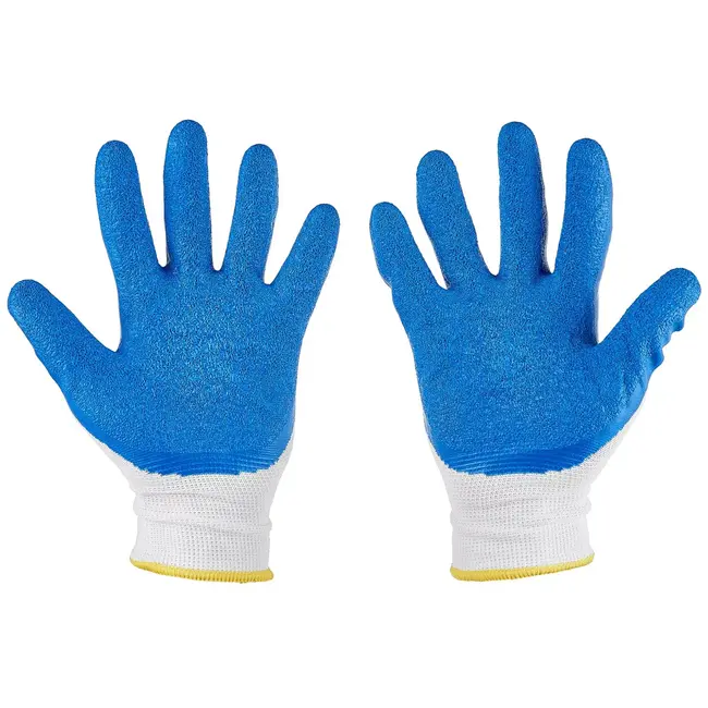GEKO werkhandschoenen polyester met latexcoating - sterke grip en ademend - maat 8 - wit-blauw - 12 stuks - voor bouw, magazijn, montage en tuinwerk