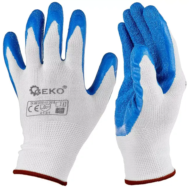 GEKO Werkhandschoenen - polyester met ruwe latexbekleding - bescherming, sterke grip en ventilatie - maat 9 - wit-blauw - 12 stuks - voor magazijn, bouw en tuin