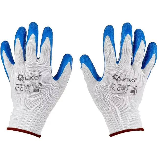 GEKO Werkhandschoenen - polyester met ruwe latexbekleding - bescherming, sterke grip en ventilatie - maat 9 - wit-blauw - 12 stuks - voor magazijn, bouw en tuin